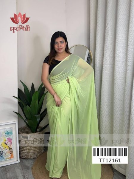 A woman stands indoors wearing a light green saree with a black blouse. She is positioned near a potted plant and a white curtain, with framed artwork on the floor and a mirror in the background.